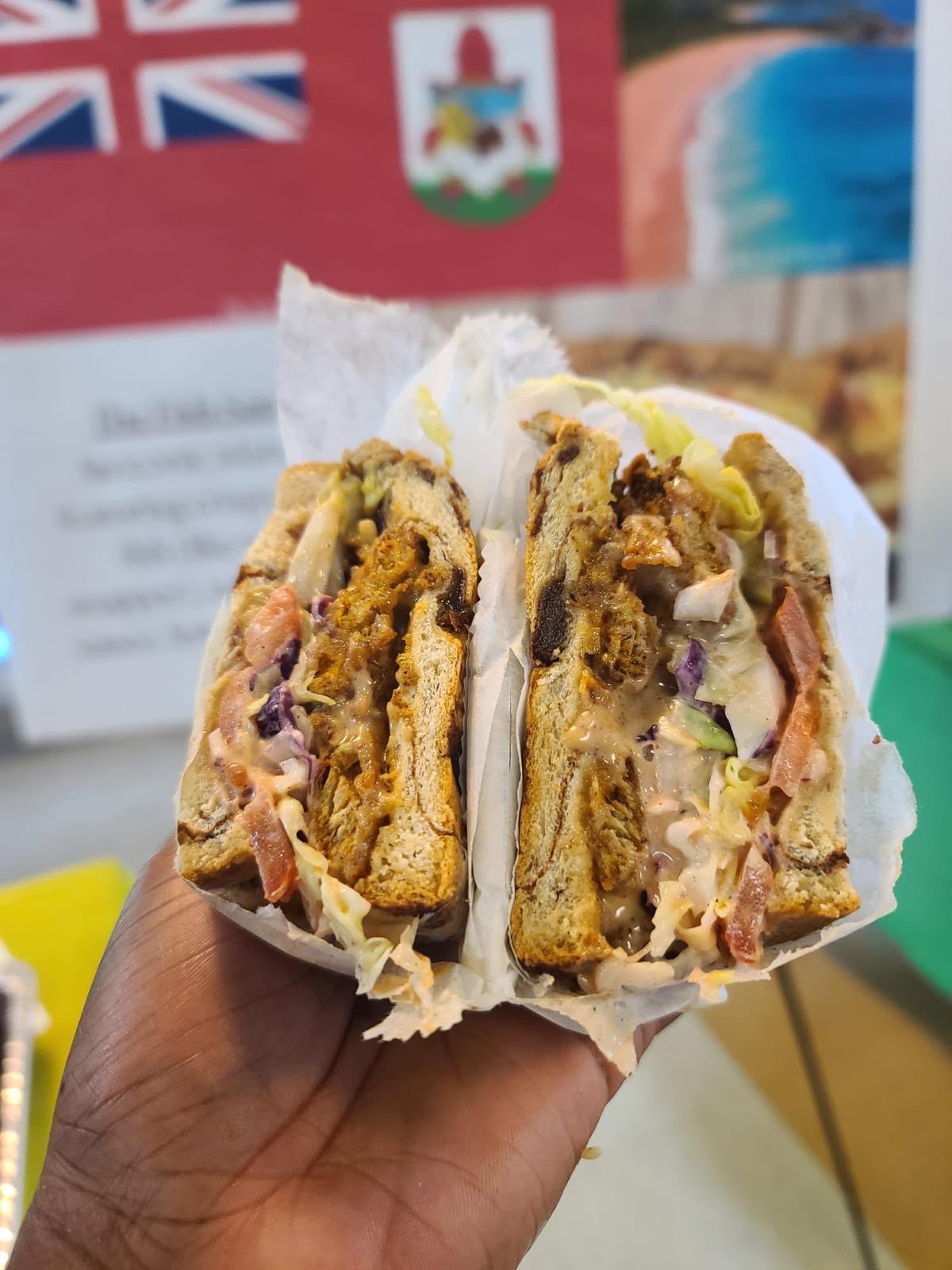 A Montserrat-inspired sandwich presented during a Caribbean food experience